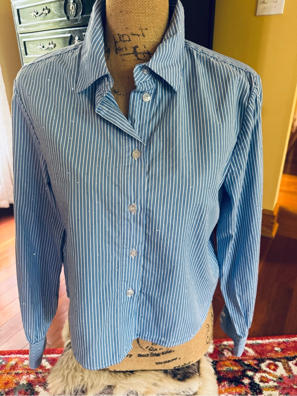 Velvet heart blue white button down with crystal like embellishment